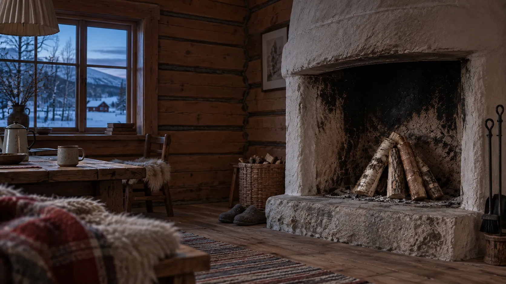 A Scandinavian mountain cabin at dusk. In a whitewashed corner fireplace, four short logs stand in a tipi and glow warm orange from a light hidden in the centre log. There is no flame.